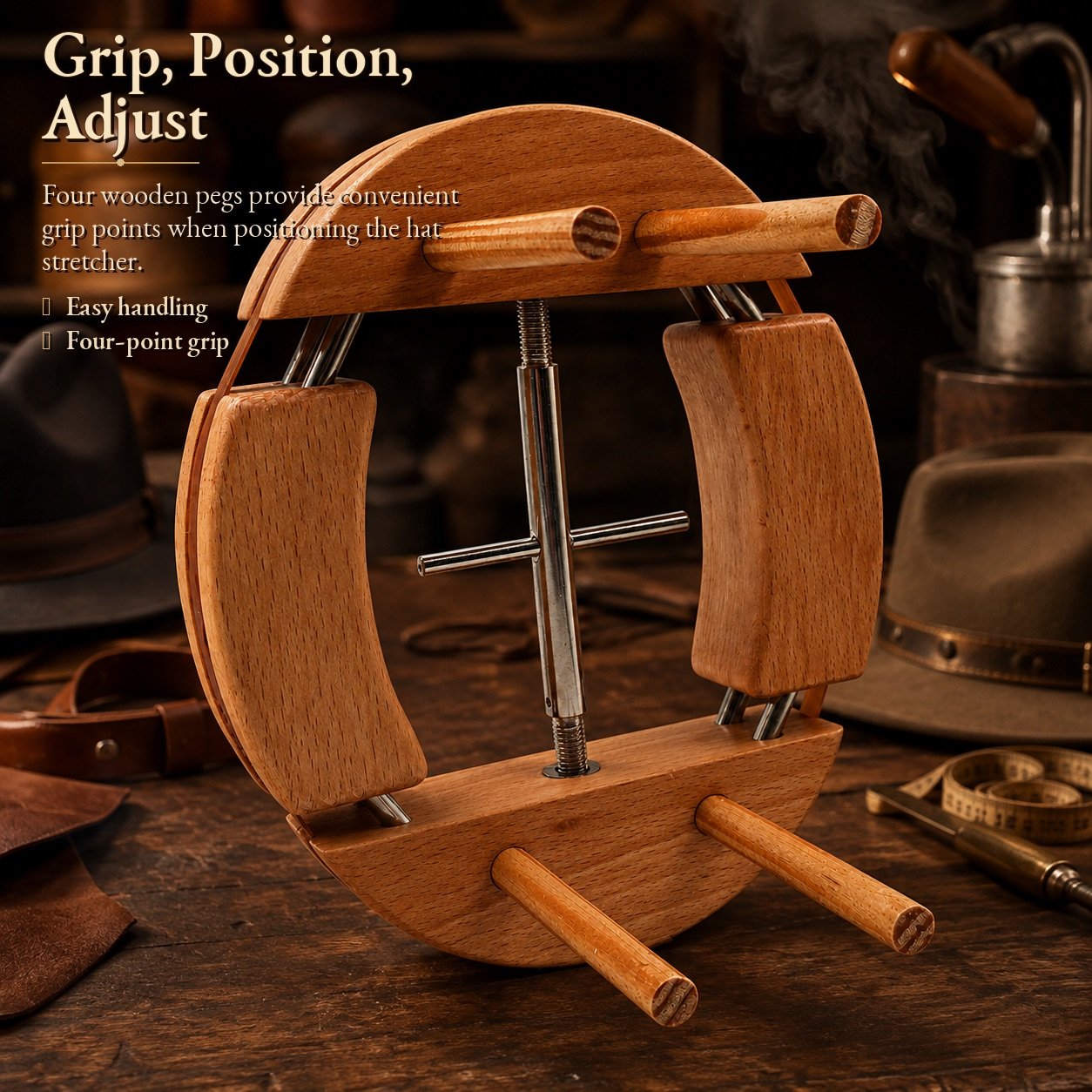 Hand adjusting the four-point hat stretcher center grip