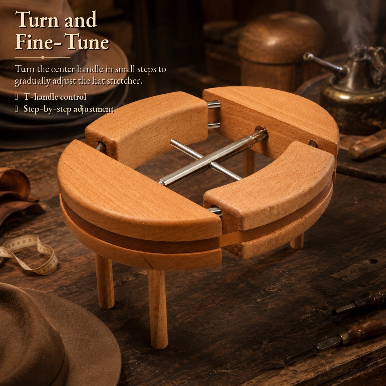 Center handle used for gradual hat stretcher adjustment