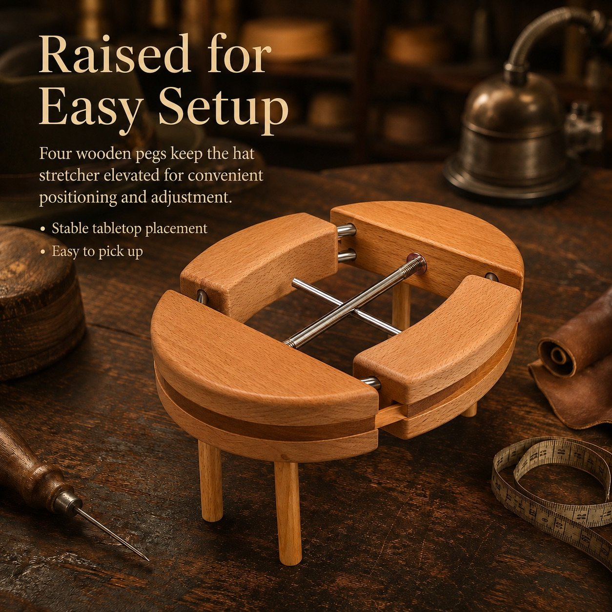Elevated setup of the four-point hat stretcher