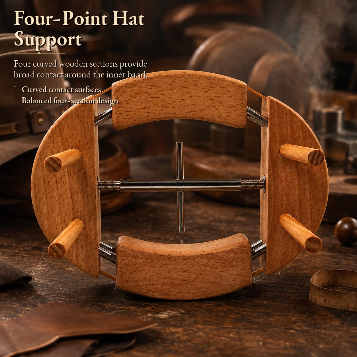 Four curved wooden contact blocks on the adjustable hat stretcher
