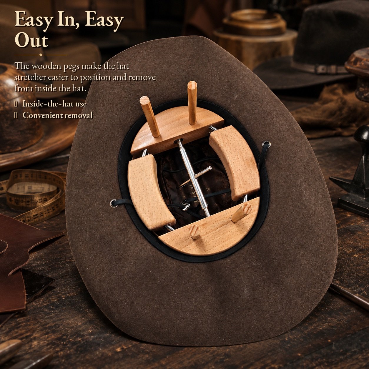 Four-point wooden hat stretcher positioned inside a hat