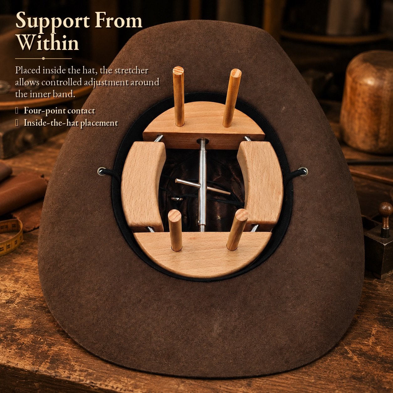 Wooden contact blocks supporting a hat from within