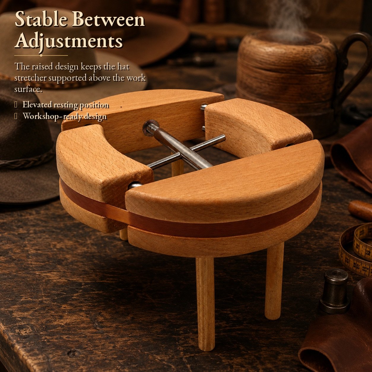 Support pegs holding the adjustable hat stretcher in a stable position